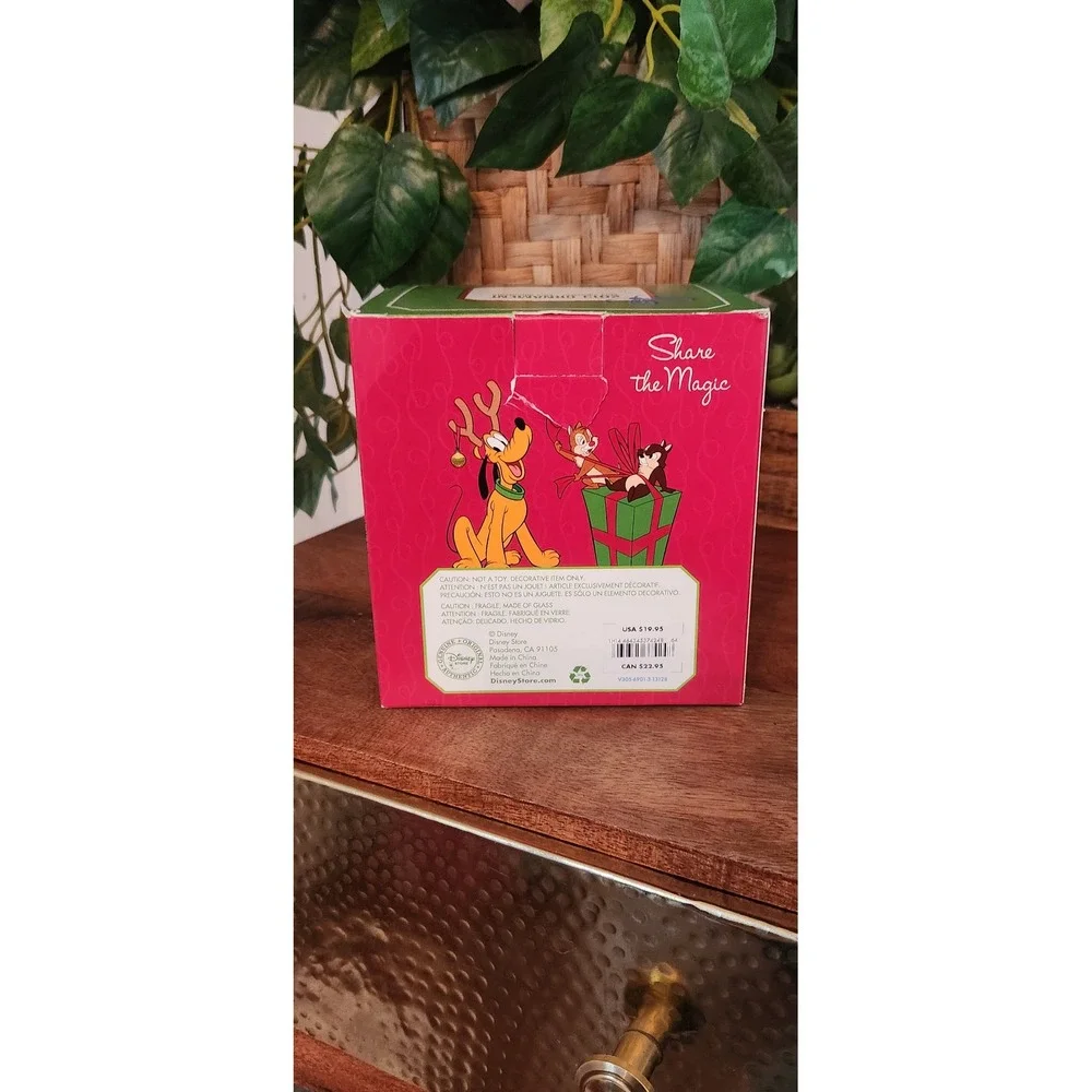 Disney‎ Store 2013 Mickey Minnie Pluto Glass Snow Globe Christmas Ornament NIB